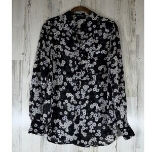 Calvin Rucker Blouse Top Size XS Black Daisy Print 100% Silk Button Down